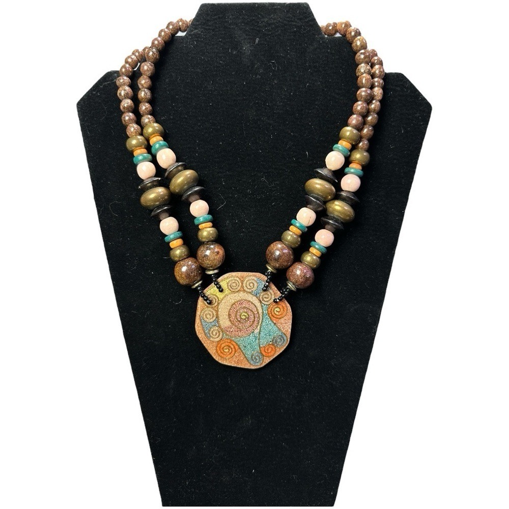 Beaded Necklace‎ with Swirl Pendant Maximalism Architectural Chunky Boho Indie